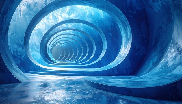 Serpentine tunnel of blue, reflective surfaces