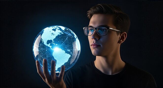 Young man holding glowing Earth globe, symbolizing global connectivity and technological advancement.