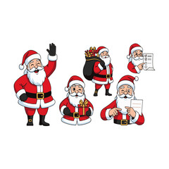 Santa Claus Character Poses Collection: Five Jolly Father Christmas Illustrations Waving, Carrying a Gift Sack, Checking a Naughty/Nice List, and Holding a Note for Festive Holiday Design.
