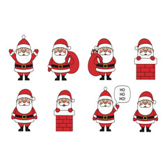 Santa Claus Poses and Actions Set: Eight Cute Cartoon Father Christmas Illustrations Waving, Holding Gifts, Carrying a Sack, and Coming Down the Chimney for Holiday Design.