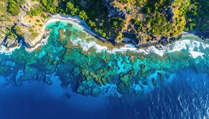 Aerial View Of A Tropical Island Coastline With Turquoise Water And Lush Greenery Under Bright Sunlight
