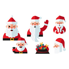 Modern Flat Design Santa Claus Icon Collection: Six Head and Torso Avatars of Father Christmas Winking, Waving, and Holding a Gift or Sack of Presents for Digital Holiday Graphics.
