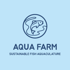 Minimalist Logo Design of Aqua Farm Blue Fish in a Circle for Sustainable Fish Aquaculture and Aquatic Farming Business or Company Branding Identity Concept Vector Illustration Line Art Style.