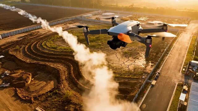 Medium shot of a drone conducting aerial site surveying with a highresolution camera capturing detailed land features for accurate construction planning.