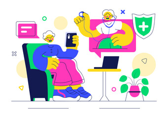 Telehealth Consultation Service Vector Illustration Featuring the Practice of using Technology to Provide Remote Health Services on Mobile Device