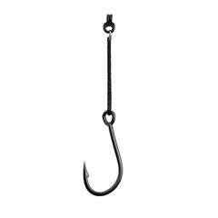Shiny dark hook dangling on thin chain against black