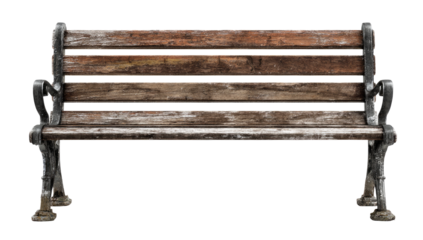 Weathered wooden park bench.  Metal supports
