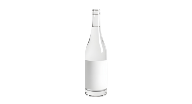 Clear glass bottle with blank label on white background
