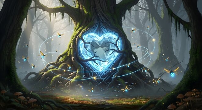 glowing blue crystal embedded in the roots of an ancient tree, radiating mystical light in a foggy enchanted forest. - Powered by Adobe