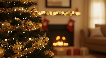 Cozy Christmas living room with a decorated tree and fireplace.