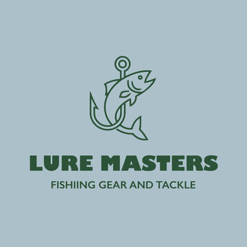 Simple Logo Design of Lure Masters Fish on a Hook for Fishing Gear and Tackle Supplies Business or Company Branding Identity Concept Vector Illustration Minimalist Line Art Style on Grey Background.