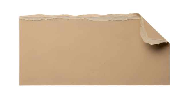 Craft paper sheet with torn edges and curled corner isolated on white background