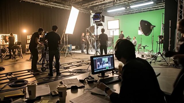 Behind-the-scenes video production in a modern studio setting, creating content