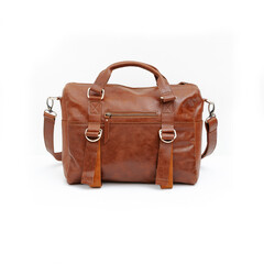 Beautiful tan leather bag for women on white background