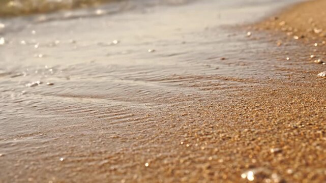Ocean water gently washing over sandy beach, revealing intricate grain movement as it recedes in captivating slow motion blue, environment, captivating slow motion