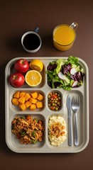 A visually appealing, balanced school meal presented on a tray, featuring vibrant fruits, fresh vegetables, and a main course for nourishment ,midday ,lunch ,wellbeing