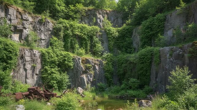 Medium shot of lush vegetation sprouting on formerly barren quarry walls showcasing nature reclaiming industrial landscapes