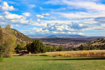 Beautiful Autumn Sky and Fall Foliage at the Ewing-Snell Historic Ranch Site in Bighorn Canyon National Recreation Area in Montana.