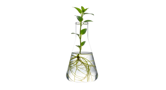 Plant sprout with roots in lab flask on white background
