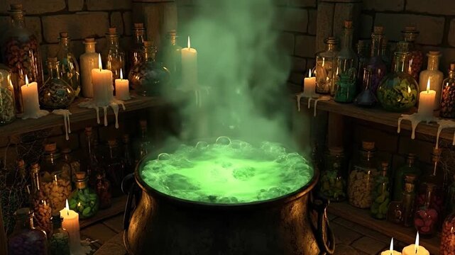 Eerie bubbling cauldron in candlelit room with mysterious bottles and jars.