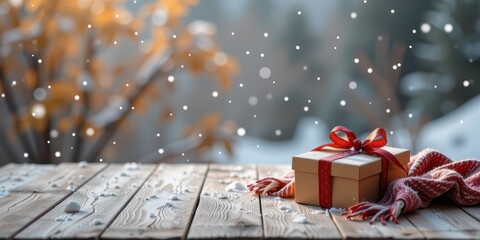 Gift box on snowy wooden table with a wintery background and falling snowflakes.