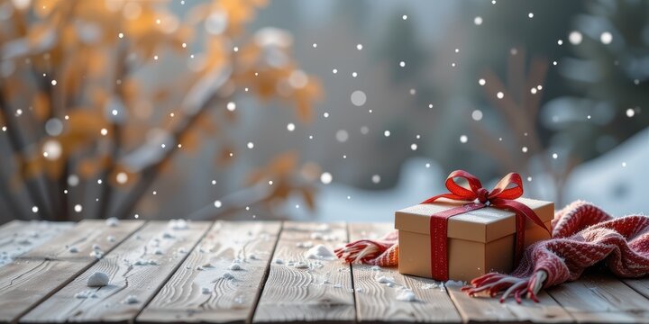 Gift box on snowy wooden table with a wintery background and falling snowflakes.