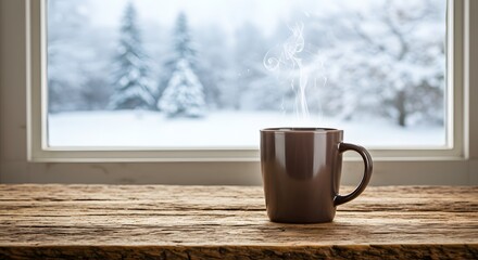 Cozy Hot Drink on Wooden Table with Snowy Winter Window View.