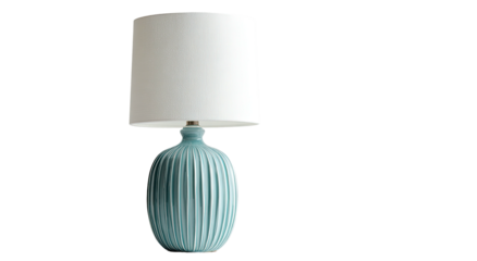 Light blue ceramic table lamp with white shade on black background