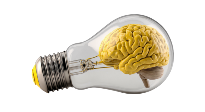 Brain inside a clear lightbulb on a black background