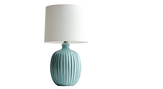 Light blue ceramic table lamp with white shade on black background