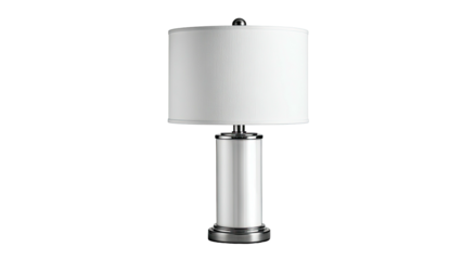 Sleek metallic table lamp with white cylindrical shade on black