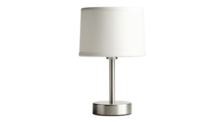 Modern brushed metal table lamp with white drum shade