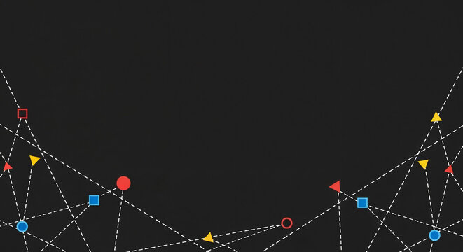 Abstract Geometric Network Connection on Dark Background with Dashed Lines and Shapes