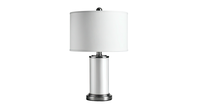 Sleek metallic table lamp with white cylindrical shade on black - Powered by Adobe