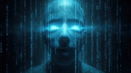 A digital representation of a human face made of binary code, surrounded by a futuristic blue glow, symbolizing artificial intelligence and technology.