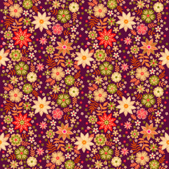 Beautiful floral embroidery on a dark purple background. Colorful romantic natural print for fabric. Embroidered flowers and leaves. Vintage seamless pattern 