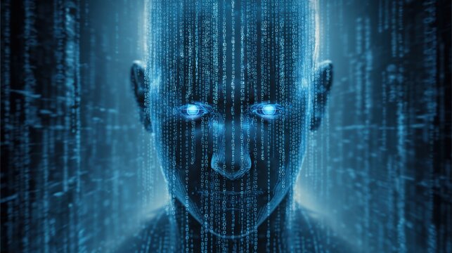 A futuristic, digital face emerges from a matrix of binary code, symbolizing the intersection of technology and artificial intelligence. - Powered by Adobe