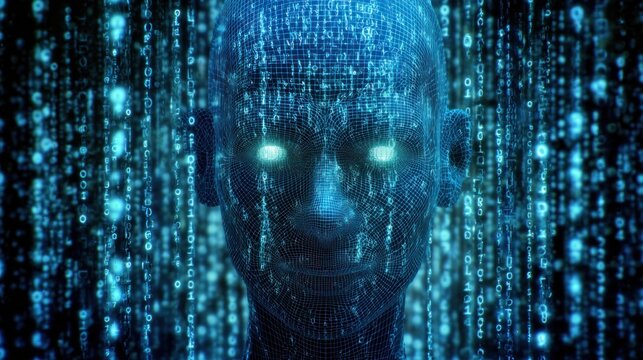 A digital representation of a humanoid face surrounded by cascading binary code, showcasing a futuristic and technological aesthetic.