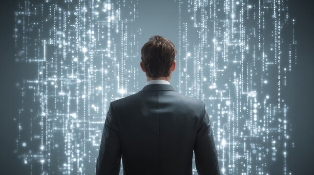 A business professional stands against a digital backdrop filled with glowing data streams, symbolizing technology and innovation.