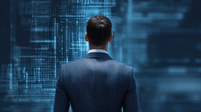 A man in a suit stands facing a digital interface, symbolizing technology and data innovation. - Powered by Adobe