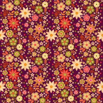 Beautiful floral embroidery on a dark purple background. Colorful romantic natural print for fabric. Embroidered flowers and leaves. Vintage seamless pattern 