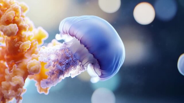 Enchanting Jellyfish: A mesmerizing close-up of a graceful jellyfish, with translucent bell and delicate tentacles, drifts serenely through the deep ocean waters. A dance of light and form