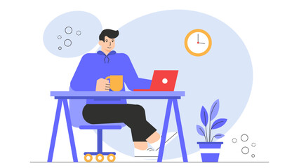 Flat Design Office Desk with Computer and Coffee Flat Vector Illustration
