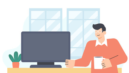 Office Desk with Computer and Coffee Flat Vector Illustration