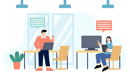 Office Interior with Employees Flat Vector Illustration