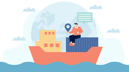 Cargo Ship and Global Logistics Flat Vector Illustration