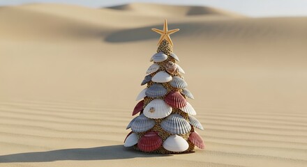 Illustration of seashell christmas tree standing on sand dunes under a clear sky