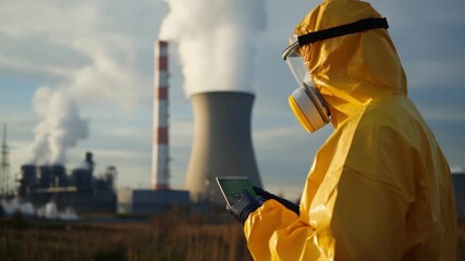 Nuclear Plant Inspection: A scientist in protective gear diligently examines data on a tablet, with industrial towers and billowing smoke in the background, raising concerns about environmental risks. - Powered by Adobe