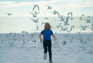 Excited kid running on beach. Kid chasing birds near beach on summer day. Child and seagull on the sea. Excited boy running on the beach with his hands raised up with flying seagulls birds.