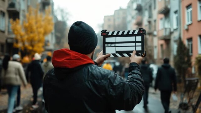 Action! On Set: A filmmaker in action, captured from behind, holding a clapperboard in a bustling urban environment, surrounded by a multitude of figures.